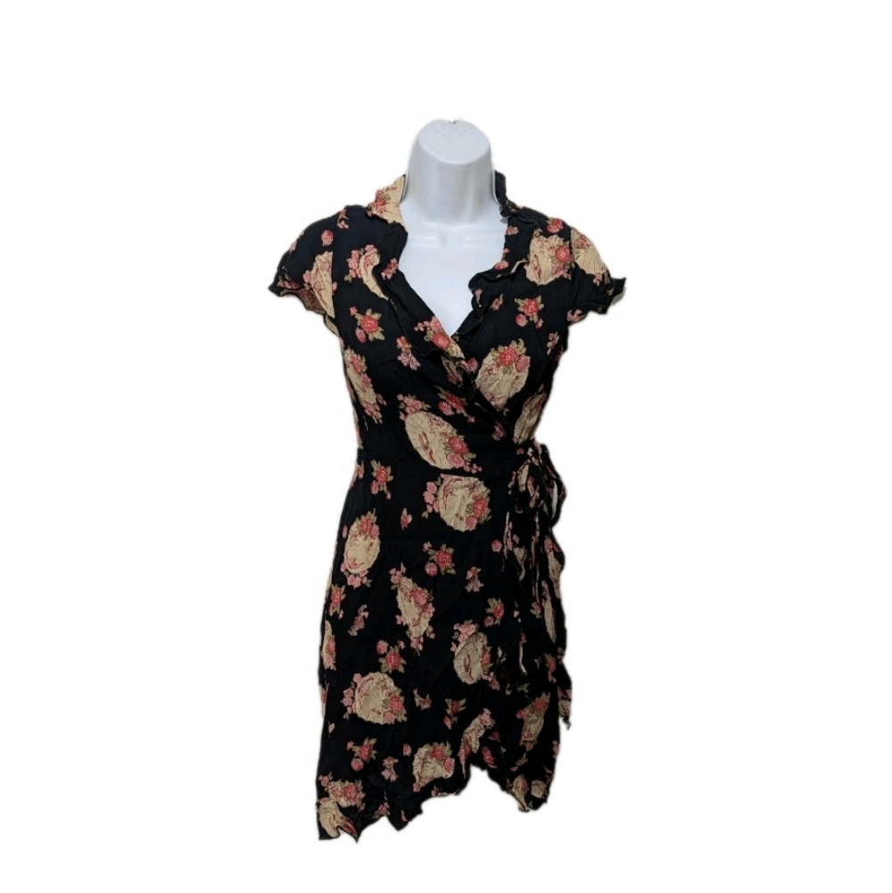 Loco Lindo Asian Print Wrap Dress XS Short Sleeve 90s Y2K #drs17